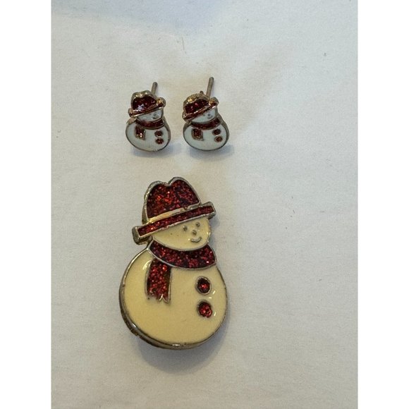 Christmas Snowman Earrings and Brooch Pin Set Red Sparkle Glitter Scarf Holidays - Picture 12 of 12